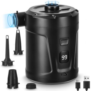 Kompakte elektrische Luftpumpe mit 5200mAh Akku, ideal zum schnellen Aufblasen von Luftmatratzen, Schlauchbooten und Planschbecken. Das Bild zeigt das Gerät mit verschiedenen Düsen und einem USB-Ladekabel.