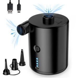 Wiederaufladbare elektrische Luftpumpe mit 4000mAh Akku und 3 Düsen zum schnellen Aufblasen und Entleeren von Luftmatratzen, Pools und Planschbecken. Modernes Design in Schwarz mit USB-C-Anschluss.