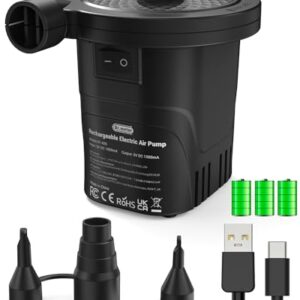 Wiederaufladbare elektrische Luftpumpe mit 4000mAh Akku, ideal für Luftmatratzen und Planschbecken, zeigt verschiedene Luftdüsen und Ladezubehör.
