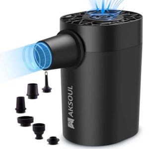 Kompakte elektrische Luftpumpe für Luftmatratzen und Camping mit verschiedenen Düsengrößen und kabellosem Design.
