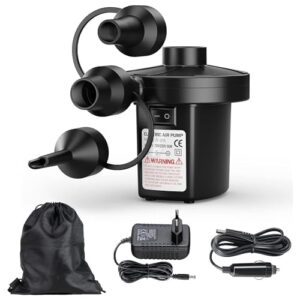 Elektrische Luftpumpe in kompakter, zylindrischer Form mit drei Aufsätzen für verschiedene Ventile, geeignet für Luftmatratzen und Schwimmspielzeuge, ideal für Camping und Freizeitaktivitäten.