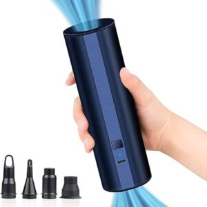 Elektrische Luftpumpe in dunklem Blau, tragbares Handgerät mit vier verschiedenen Düsen zur schnellen Befüllung von Luftmatratzen, Schwimmringen und Planschbecken.