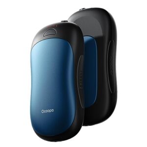 Zwei ergonomische elektrische Handwärmer in Blau und Schwarz, ideal für kalte Tage und Outdoor-Aktivitäten, mit Benutzeroberfläche und LED-Akkustatusanzeige.