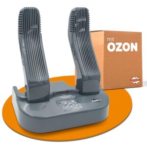 Elektrischer Schuhtrockner in grau mit Antibakteriell- und aktivem Sauerstoff zur effektiven Desinfektion und Trocknung von Schuhen und Stiefeln.