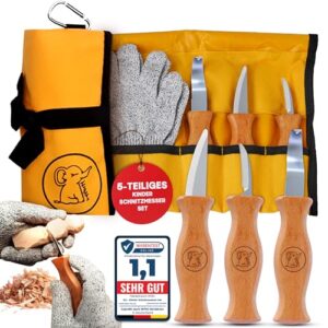 5-teiliges Eli Schnitzmesser Set für Kinder ab 6 Jahren in gelber Tasche mit Elefantenmotiv, inklusive schnittfesten Handschuhen und verschiedenen Schnitzwerkzeugen