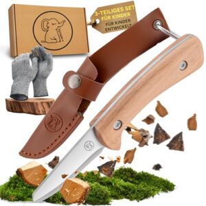 Eli Schnitzmesser Set für Kinder ab 8 Jahren mit Klappmesser, ergonomischem Holzgriff und schützenden Handschuhen, ideal für kreative Outdoor-Aktivitäten.