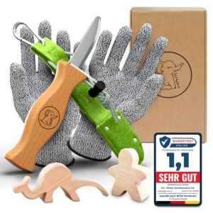 Eli Schnitzmesser Set für Kinder ab 6 Jahren mit schnittfesten Handschuhen und Holzfiguren zum Schnitzen und Basteln.