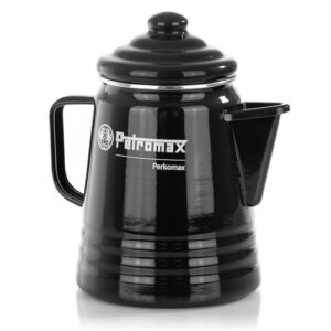 Schwarze Emaille Kaffeekanne im nostalgischen Design mit einer Kapazität von 1,5 Litern, geeignet für verschiedene Herdarten und offenes Feuer.