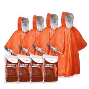 Ember Rock Notfall Survival Ponchos in Orange, wendbar mit Kapuze, ideal für Notfälle und Outdoor-Aktivitäten, im praktischen 4er-Pack. Hergestellt aus wasserdichtem und winddichtem Material mit Thermo Mylar Folienbeschichtung für optimale Wärmehaltung.