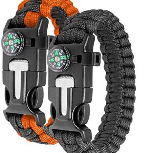 Zwei funktionale Paracord Survival Armbänder in Orange und Schwarz mit integriertem Kompass, ideal für Outdoor-Aktivitäten und Notfälle.