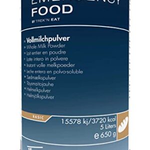 Runde Dose mit Emergency Food Vollmilchpulver in Blau-Weißen Farben, ideal für Notfallsituationen, enthält 650 g gefriergetrocknetes Milchpulver.