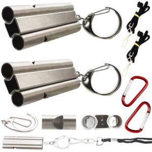Zwei Silber Edelstahl Überlebenspfeifen mit Lanyard und Schlüsselring für Outdoor-Abenteuer und Notfälle, ideal zur Signalgebung.