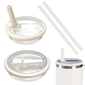 Zwei wiederverwendbare Ersatzdeckel und Strohhalme für den Stanley 40oz Tumbler, auslaufsicher und staubdicht, beige und klar