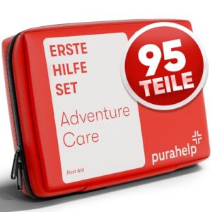 Kompaktes Erste Hilfe Set für Outdoor-Aktivitäten mit 95 Teilen in roter Tasche, ideal für Wandern, Camping und Fahrradfahren.