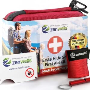 Erste Hilfe Set Outdoor wasserdicht, kompaktes First Aid Kit nach DIN 13167 für Wintersport, Wandern und Fahrrad mit CPR Beatmungsmaske, Zeckenkarte und Signalpfeife, ideal für Abenteuer in der Natur.
