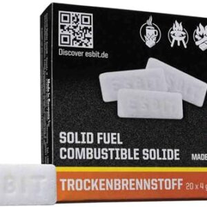 Verpackung von Esbit Trockenbrennstoff klein mit 20 Tabletten à 4g, geeignet für Outdoor-Aktivitäten und Camping.