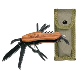 Multifunktionales Outdoor-Taschenmesser mit Holzgriff und neun integrierten Werkzeugen, ideal für Camping- und Outdoor-Aktivitäten, für Kinder ab 8 Jahren geeignet.
