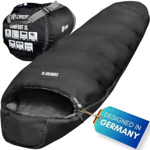 EXPLORER Comfort XL Schlafsack in Schwarz mit einem Öffnungsdesign, geeignet für 3-4 Jahreszeiten und ideal für Camping, Trekking und Outdoor-Aktivitäten.
