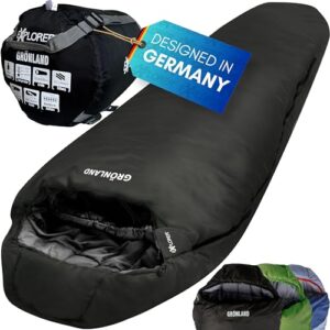 EXPLORER GRÖNLAND Mumienschlafsack für Erwachsene, ideal für Outdoor-Aktivitäten wie Camping und Trekking, in Schwarz mit Kompressionssack.