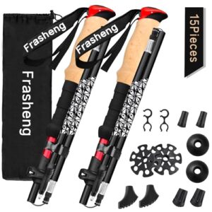 Faltbare Wanderstöcke aus Aluminium mit ergonomischen Korkgriffen, geeignet für Trekking und Nordic Walking, in schwarz und rot, inklusive Zubehör und Tragetasche.