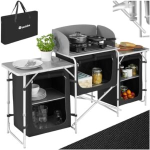 Faltbare Camping Küche mit stabiler Aluminiumstruktur, Kochfeld und praktischen Staufächern für Outdoor-Aktivitäten, ideal fürs Zelten und Grillen.