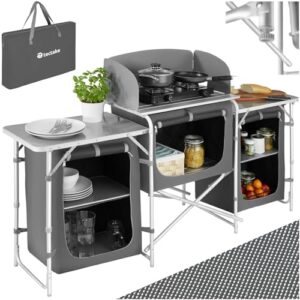 Vielseitige faltbare Camping Küche in grau, ideal für Outdoor-Aktivitäten wie Camping und Gartenpartys, ausgestattet mit Kochstellen und Ablageflächen.