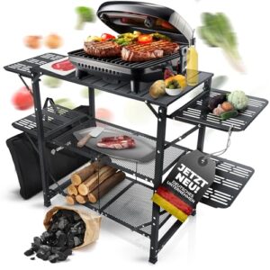 Faltbare Campingküche mit Grilltisch und Beistelltisch für Outdoor-Aktivitäten, ausgestattet mit mehreren Ablageflächen und robustem Design, ideal für Grillen im Garten, auf dem Balkon oder beim Camping.
