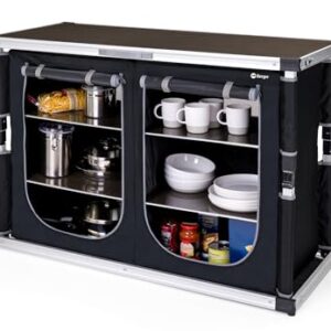Vielseitige faltbare Campingküche mit Aluminiumgestell und Staufächern für Outdoor-Aktivitäten, ideal für Camping und Grillen im Freien.