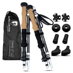 Faltbare Carbon Wanderstöcke mit Korkgriff für Nordic Walking und Trekking, verstellbar in der Länge von 115 bis 135 cm, inkl. Zubehör für verschiedene Gelände.