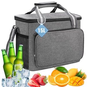 Faltbare Kühltasche mit 15 Litern Volumen in modernem Design, geeignet für Picknicks, Camping und Reisen, zeigt Getränke und frische Früchte.