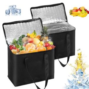 Zwei faltbare Kühltaschen mit reflektierendem Innenfutter, gefüllt mit frischem Obst wie Bananen, Äpfeln, Pfirsichen und Ananas, ideal zur Kühlung von Lebensmitteln für Picknicks und Outdoor-Aktivitäten.
