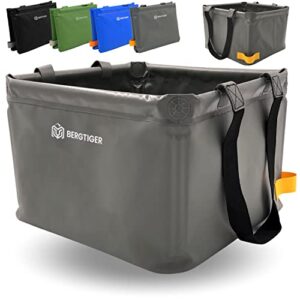 Faltbare Outdoor Spülschüssel in Anthrazitgrau und Gelb mit stabilen Tragegriffen, ideal für Camping und Outdoor-Aktivitäten, zeigt die robuste Verarbeitung und vielseitige Einsatzmöglichkeiten.