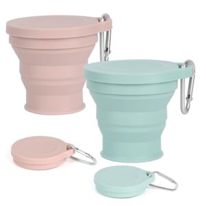 Set von zwei faltbaren Silikonbechern mit einem Fassungsvermögen von 180 ml in den Farben Grün und Pink, ideal für Reisen, Camping und Wandern.