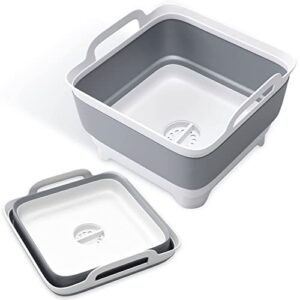 Faltbare Spülschüssel in Grau und Weiß für Camping und Outdoor-Aktivitäten, mit seitlichen Griffen und Abflussloch, ideal für Geschirrspülen und Wasserablassen.
