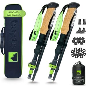 Set von zwei faltbaren Wanderstöcken aus hochwertigem Aluminium mit ergonomischem Korkgriff, verpackt in einem robusten Hardcase und inklusivem Notfall-Poncho für Outdoor-Aktivitäten.