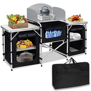 Faltbare Campingküche mit stabiler Tischplatte, integriertem Campingkocher und praktischem Stauraum für Utensilien, ideal für Outdoor-Aktivitäten wie Camping und Grillen.