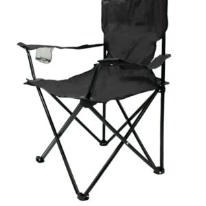 Faltbarer Campingstuhl in Schwarz mit Getränkehalter und stabilen Metallgestell, ideal für Outdoor-Aktivitäten wie Camping, Festivals und Angeln.