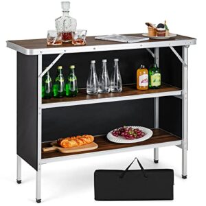 Faltbarer Campingschrank aus Aluminium mit zwei Etagen, ideal für Outdoor-Aktivitäten wie Picknicks und Grillen.