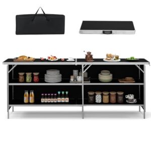 Faltbarer Campingschrank aus Aluminium mit zwei Regalen, ideal für Outdoor-Aktivitäten wie Picknicks und Grillen, inklusive Tragetasche.