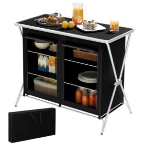 Faltbarer Campingschrank in Schwarz mit stabiler Tischplatte und offenen Regalen, ideal für Outdoor-Aktivitäten wie Picknicks und Grillen.