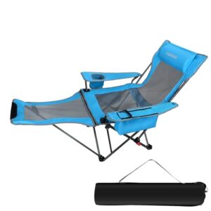 Faltbarer Campingstuhl in Blau mit abnehmbarer Fußstütze und integrierter Kühltasche, ideal für Outdoor-Aktivitäten