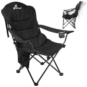 Faltbarer Campingstuhl in Schwarz mit gepolsterter Sitzfläche und Rückenlehne, seitlicher Ablage und Getränkehalter, ideal für Outdoor-Aktivitäten wie Camping und Picknicks.