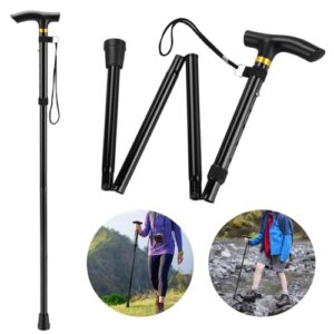 Thlevel Faltbarer Gehstock in ausgeklapptem und zusammengeklapptem Zustand, ideal für Wanderungen und Spaziergänge, mit ergonomischem Handgriff und rutschfesten Füßen für sicheren Halt.