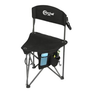Faltbarer Klapphocker mit Rückenlehne, ideal für Camping, Angeln und Outdoor-Aktivitäten. Ultraleichtes Design, schwarz und tragbar, mit Seitentasche für zusätzlichen Komfort.