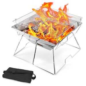 Der Odoland Faltbare Lagerfeuer-Grill aus 304 Edelstahl inmitten einer Feuerstelle mit lodernden Flammen; ideal für Outdoor-Aktivitäten, Camping und Grillabende.