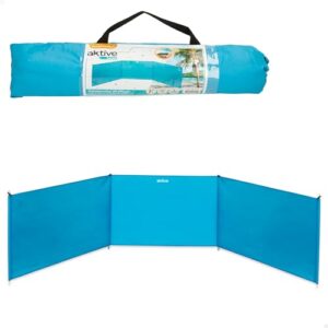 Faltbarer Strandwindschutz für Kinder in Blau, 300 x 75 cm, im zusammengefalteten und ausgeklappten Zustand dargestellt, ideal für den Strand und Outdoor-Aktivitäten.
