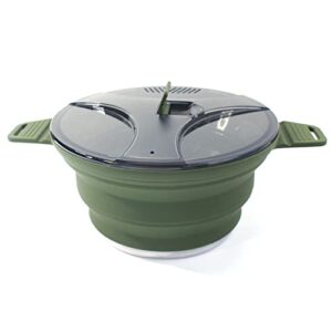 Faltbarer Kochtopf aus Silikon und Edelstahl für den Außenbereich, ideal für Camping und Picknick, mit transparentem Deckel und stabilen Griffen.