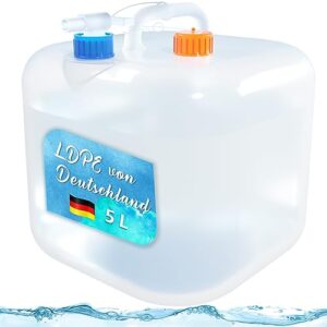 Faltbarer Wasserkanister aus LDPE im quadratischen Design mit 5 Litern Fassungsvermögen und verschiedenen Verschlüssen für sicheres Transportieren von Trinkwasser.