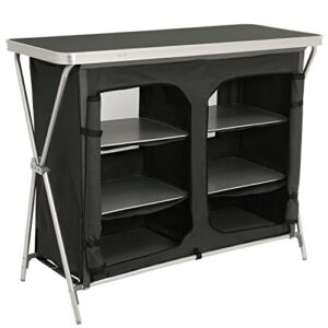 Faltbarer Campingschrank aus Aluminium mit zwei Reißverschluss Öffnungen, ideal für die Organisation von Campingutensilien und Lebensmitteln, mit atmungsaktiven Einsätzen gegen Insekten.