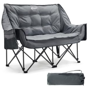 Faltbarer Doppel Campingstuhl für zwei Personen mit dick gepolsterter Sitzfläche, hoch belastbar bis 272 kg, ideal für Outdoor-Aktivitäten im Garten oder beim Camping.